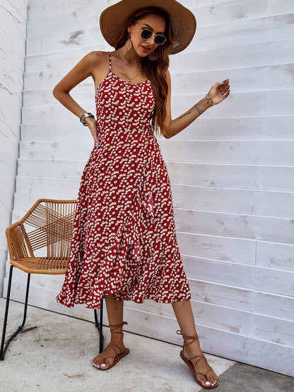 Burgundy Spaghetti Strap Sleeveless Ditsy Floral Ruffle Trim Cami Dress