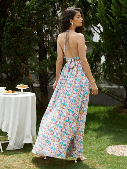 Sleeveless Tied Open Back Halter Top and High Split Floral Skirt Set