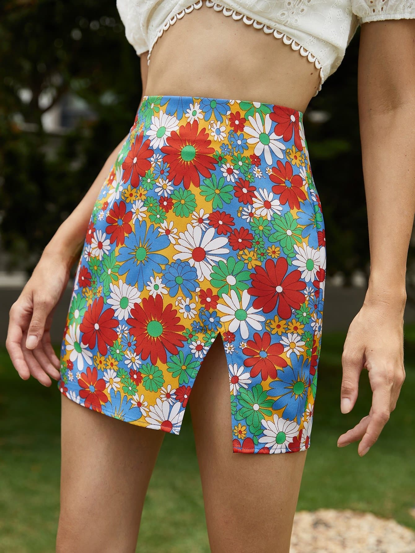 Split Hem Floral Print High Waist Short Skirt
