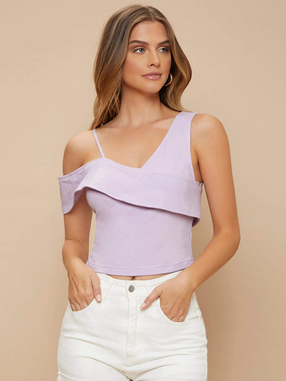 Lilac Purple Asymmetrical Shoulder Slim Fit Solid Top