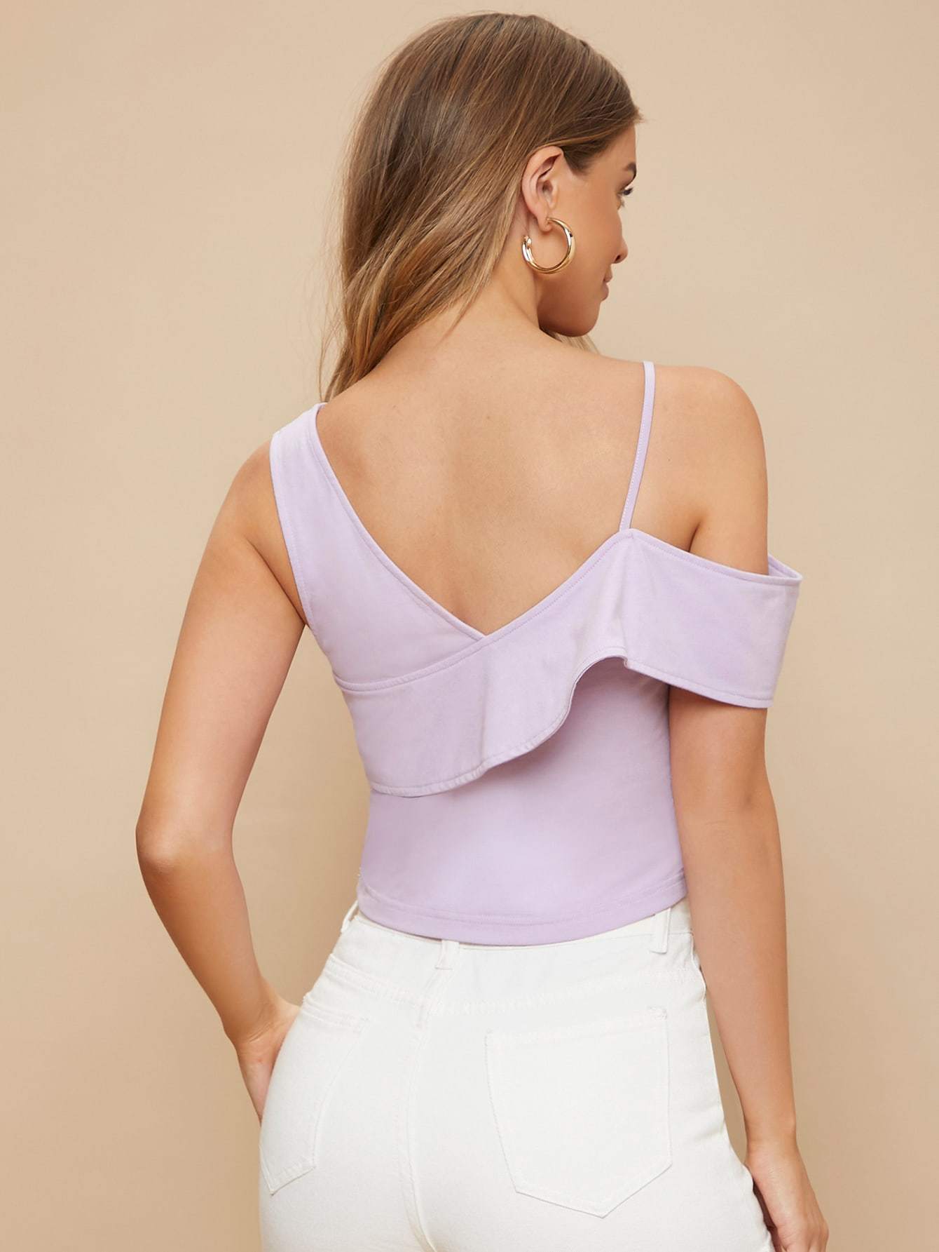 Lilac Purple Asymmetrical Shoulder Slim Fit Solid Top