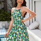 Green Backless Sleeveless Tropical Print Halter Neck Dress