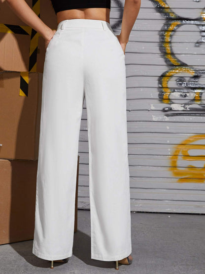 White Zipper Fly Fold Pleated Palazzo Pants