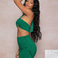 Green Sleeveless Tie Backless Crop Halter Top and Draped Skirt Set