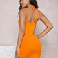 Neon Orange Spaghetti Strap Sleeveless Halter Tie Back Split Hem Dress
