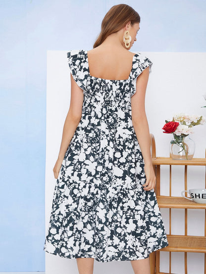 Black White Square Neck Ruffle Armhole Allover Floral Print Dress