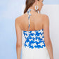 Blue White Sleeveless Ruched Floral Print Halter Top
