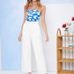 Blue White Sleeveless Ruched Floral Print Halter Top
