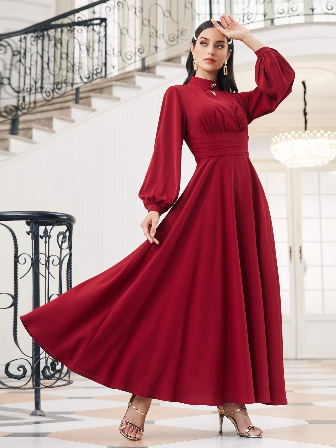 Burgundy Choker Neck Bishop Sleeve High Waist Dress