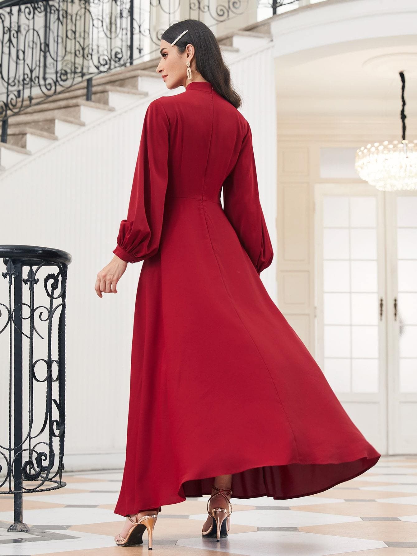 Burgundy Choker Neck Bishop Sleeve High Waist Dress