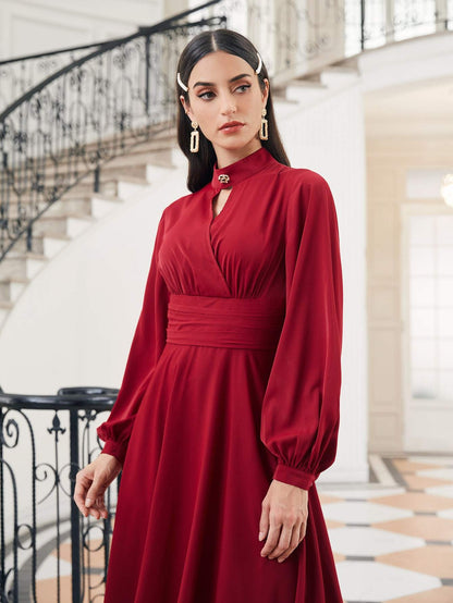 Burgundy Choker Neck Bishop Sleeve High Waist Dress