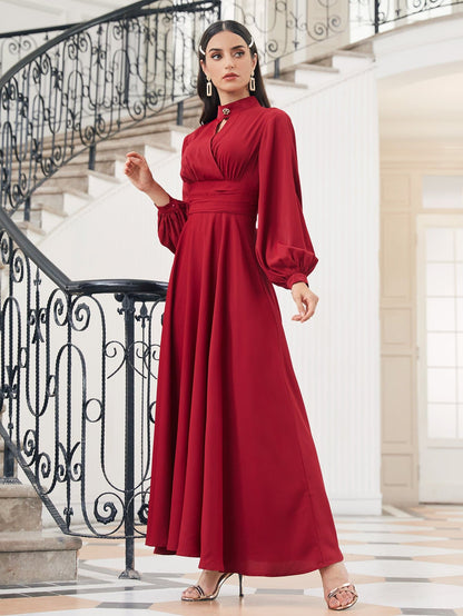 Burgundy Choker Neck Bishop Sleeve High Waist Dress