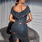 Navy Blue Off Shoulder Glitter Foldover Bardot Dress