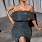 Navy Blue Off Shoulder Glitter Foldover Bardot Dress