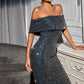 Navy Blue Off Shoulder Glitter Foldover Bardot Dress