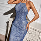 Navy Blue Sleeveless Sequin Backless Split Hem Slim Fit Dress