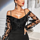 Black Spaghetti Strap Floral Mesh Sleeve Cold Shoulder Dress