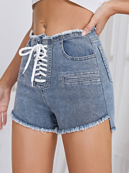 Raw Hem Lace Up Front Straight Leg Denim Shorts