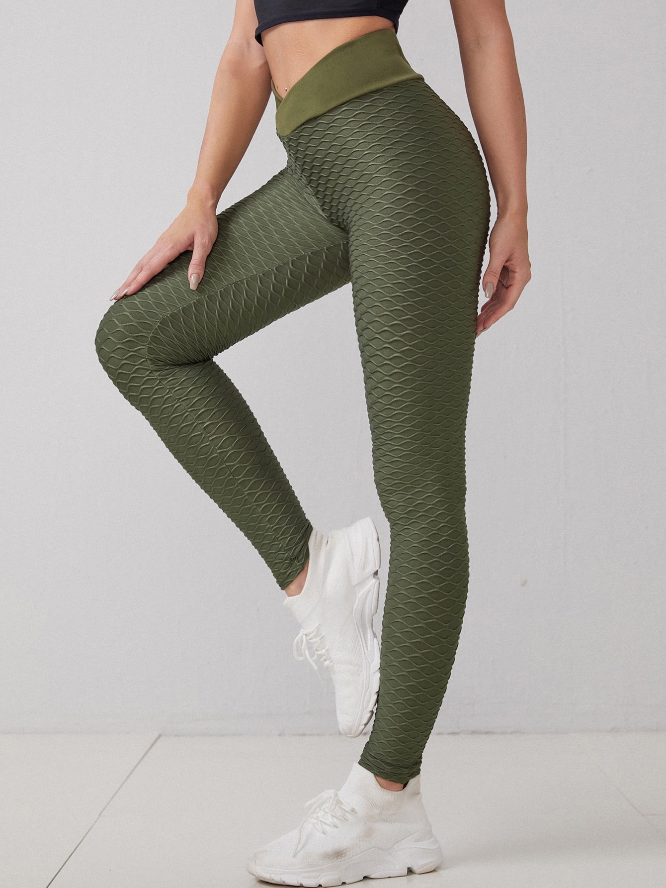 Army Green Breathable Softness Honeycomb Textured Sports Leggings