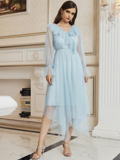 Blue V-Neck Flounce Sleeve Ruffle Trim Mesh Overlay Dress