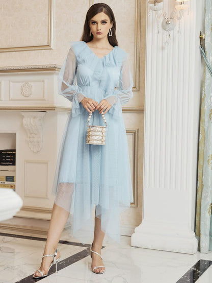 Blue V-Neck Flounce Sleeve Ruffle Trim Mesh Overlay Dress