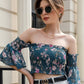 Off Shoulder Floral Print Shirred Crop Bardot Top