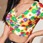 V-Neck Ruched Bust Floral Print Top