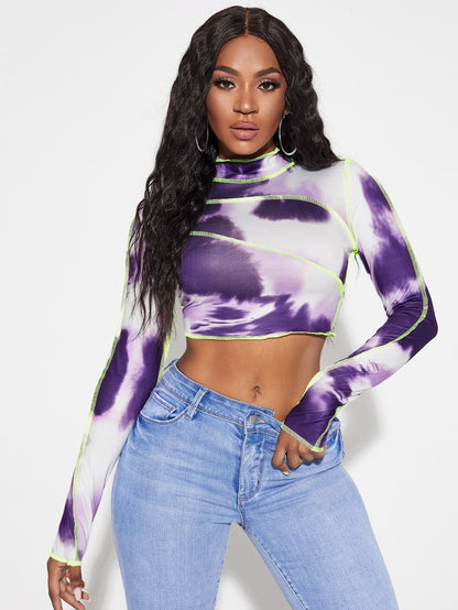 Tie Dye Topstitching Stand Collar Crop Top