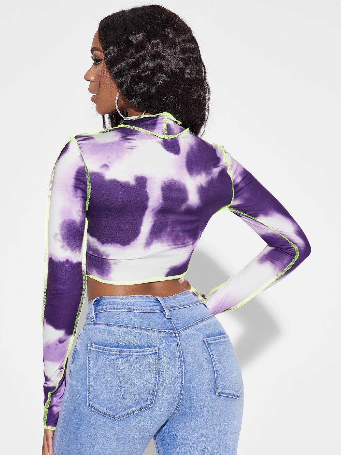 Tie Dye Topstitching Stand Collar Crop Top