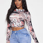 Stand Collar Letter Graphic Lettuce Trim Crop Top