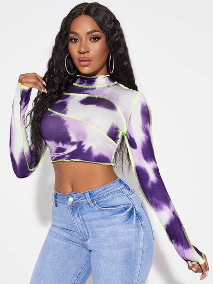 Tie Dye Topstitching Stand Collar Crop Top