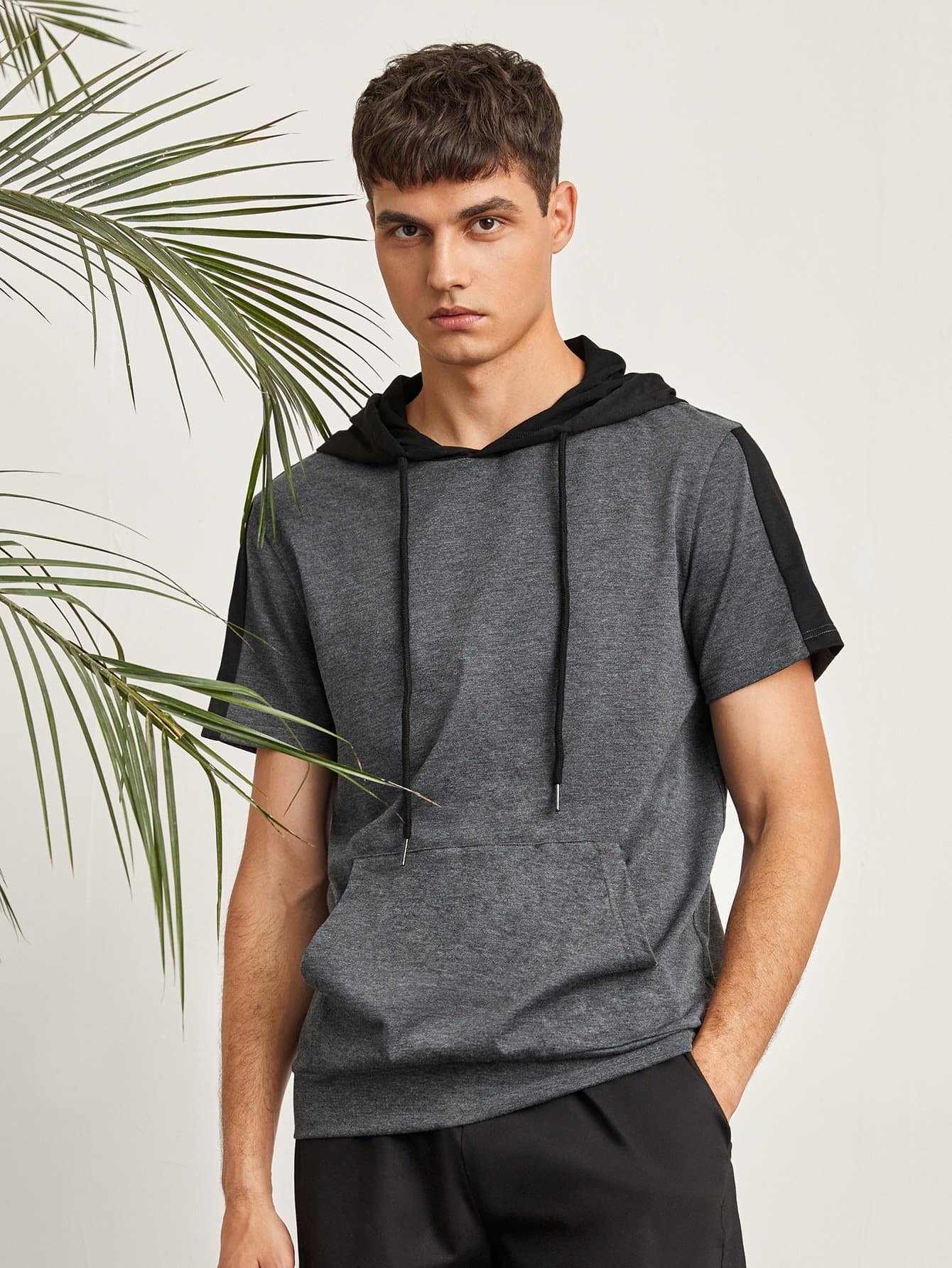Dark Grey Kangaroo Pocket Striped Side Hoodie Sweatshirt