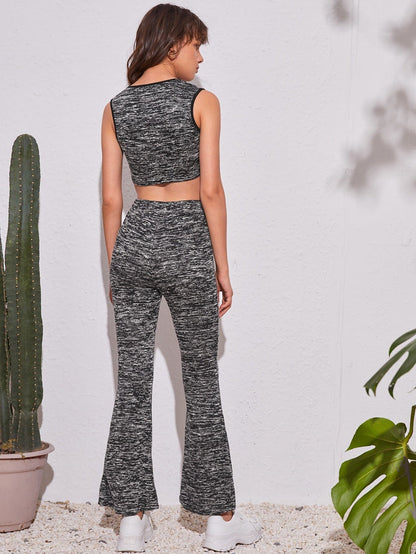 Grey Marled Knit Tank Top and Flare Leg Trousers