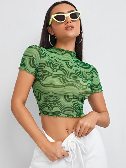 Green Round Neck Marble Print Frill Trim Mesh Crop Top