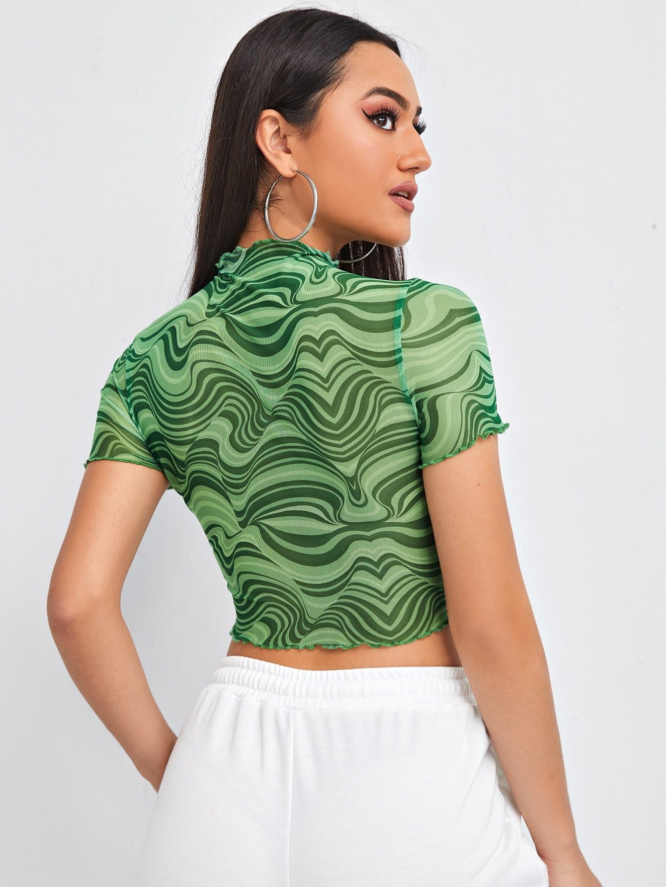 Green Round Neck Marble Print Frill Trim Mesh Crop Top