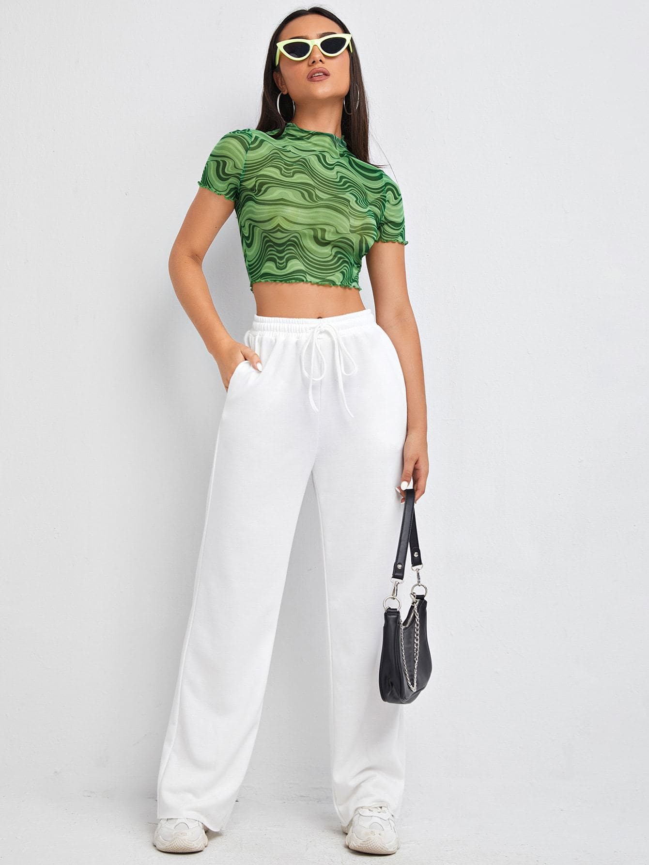 Green Round Neck Marble Print Frill Trim Mesh Crop Top