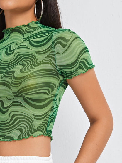 Green Round Neck Marble Print Frill Trim Mesh Crop Top