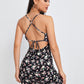 Spaghetti Strap Sleeveless Floral Twist Peekaboo Lace Up Backless Cami Dress