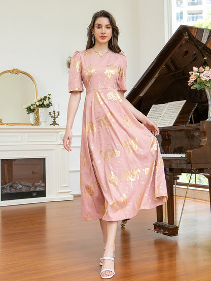 Pink Gilding Floral Print Puff Sleeve A-line Dress
