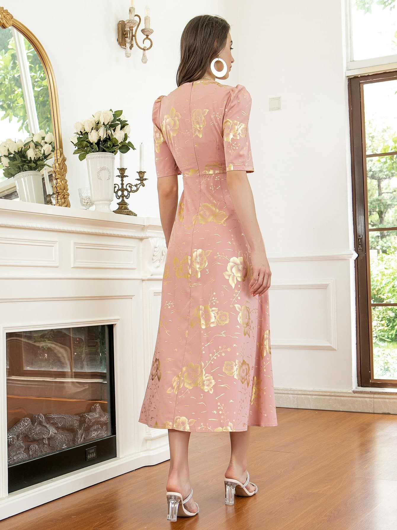 Pink Gilding Floral Print Puff Sleeve A-line Dress
