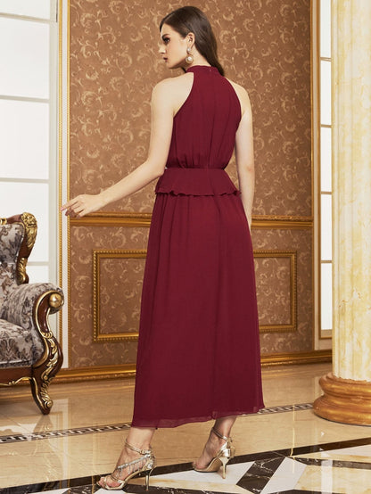 Burgundy Sleeveless Mock Neck Zip Back Chiffon High Waist Peplum Dress