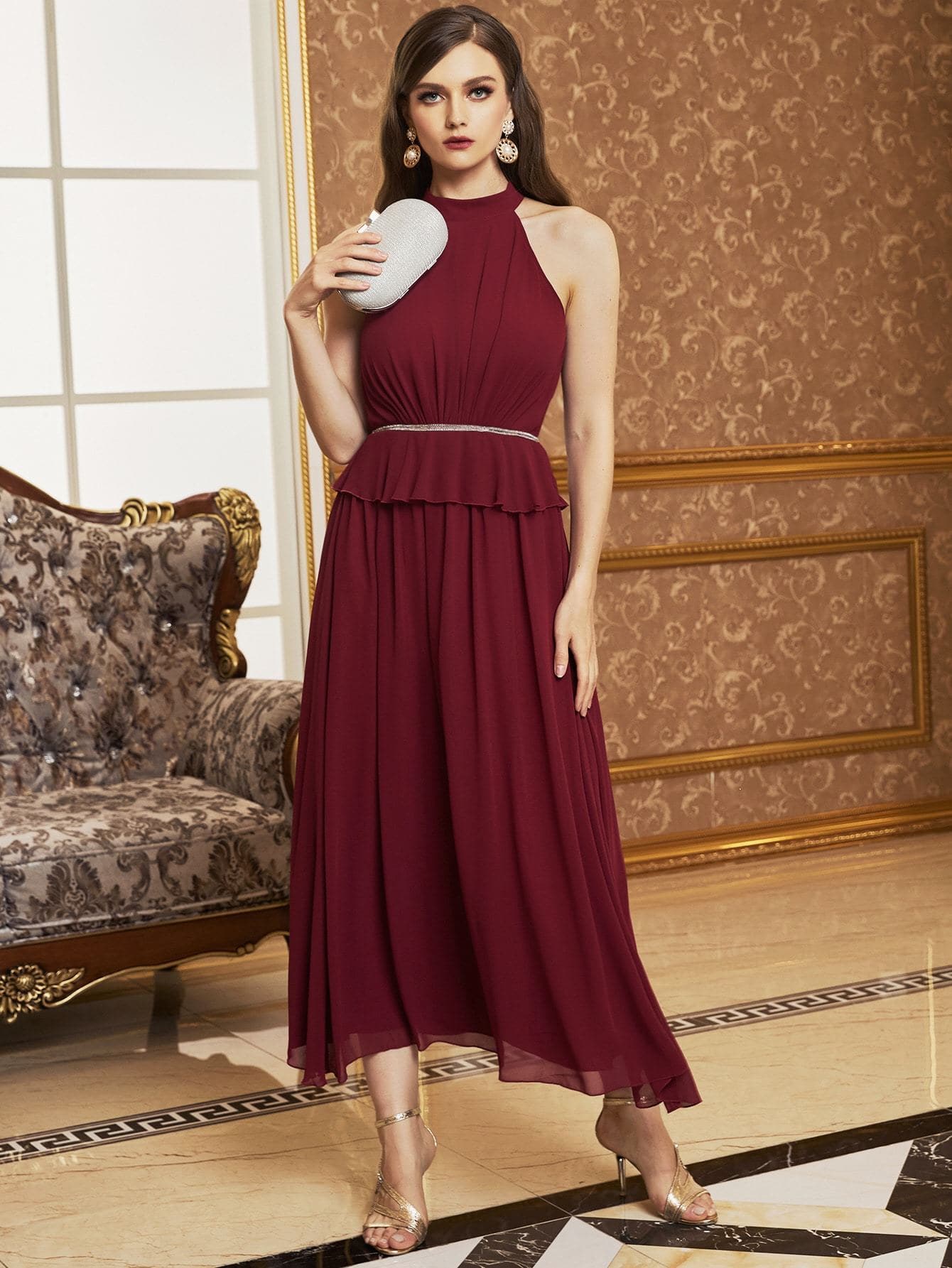 Burgundy Sleeveless Mock Neck Zip Back Chiffon High Waist Peplum Dress