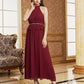 Burgundy Sleeveless Mock Neck Zip Back Chiffon High Waist Peplum Dress