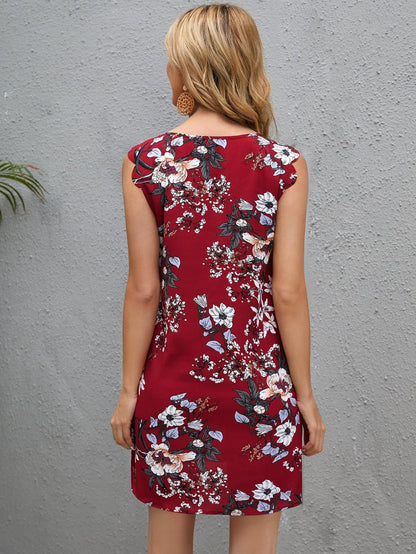 Floral Print Keyhole Neck Scallop Trim Dress