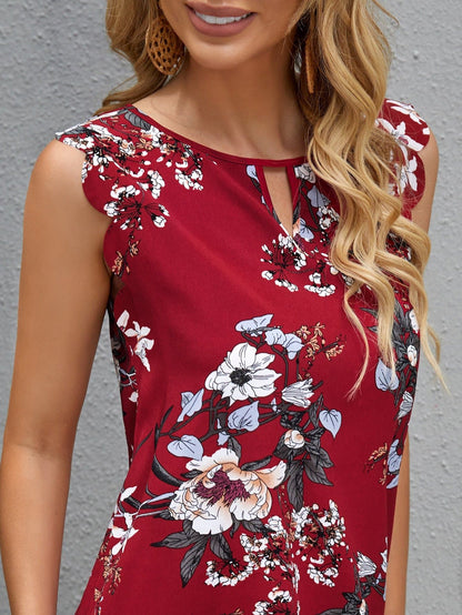 Floral Print Keyhole Neck Scallop Trim Dress