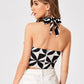 Black White Sleeveless Crisscross Tie Back Floral Halter Top