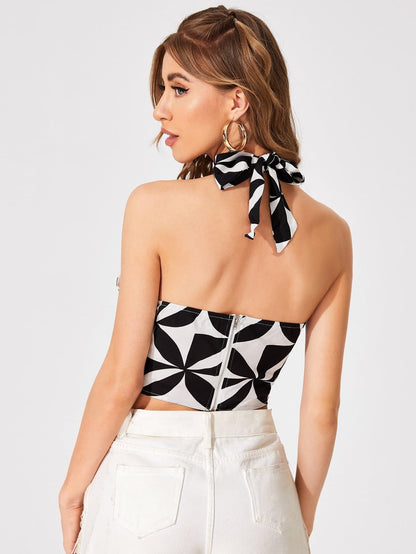 Black White Sleeveless Crisscross Tie Back Floral Halter Top