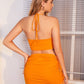 Orange Sleeveless Drawstring Halter Top and Drawstring Ruched Skirt Set