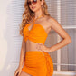 Orange Sleeveless Drawstring Halter Top and Drawstring Ruched Skirt Set