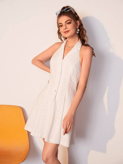 White Sleeveless Single Breasted Eyelet Schiffy Halter Dress